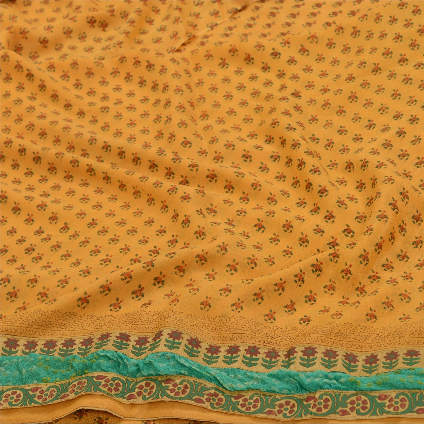 Sanskriti Vintage Sarees Yellow Blend Georgette Printed Sari 5yd Craft Sustainable Fabric