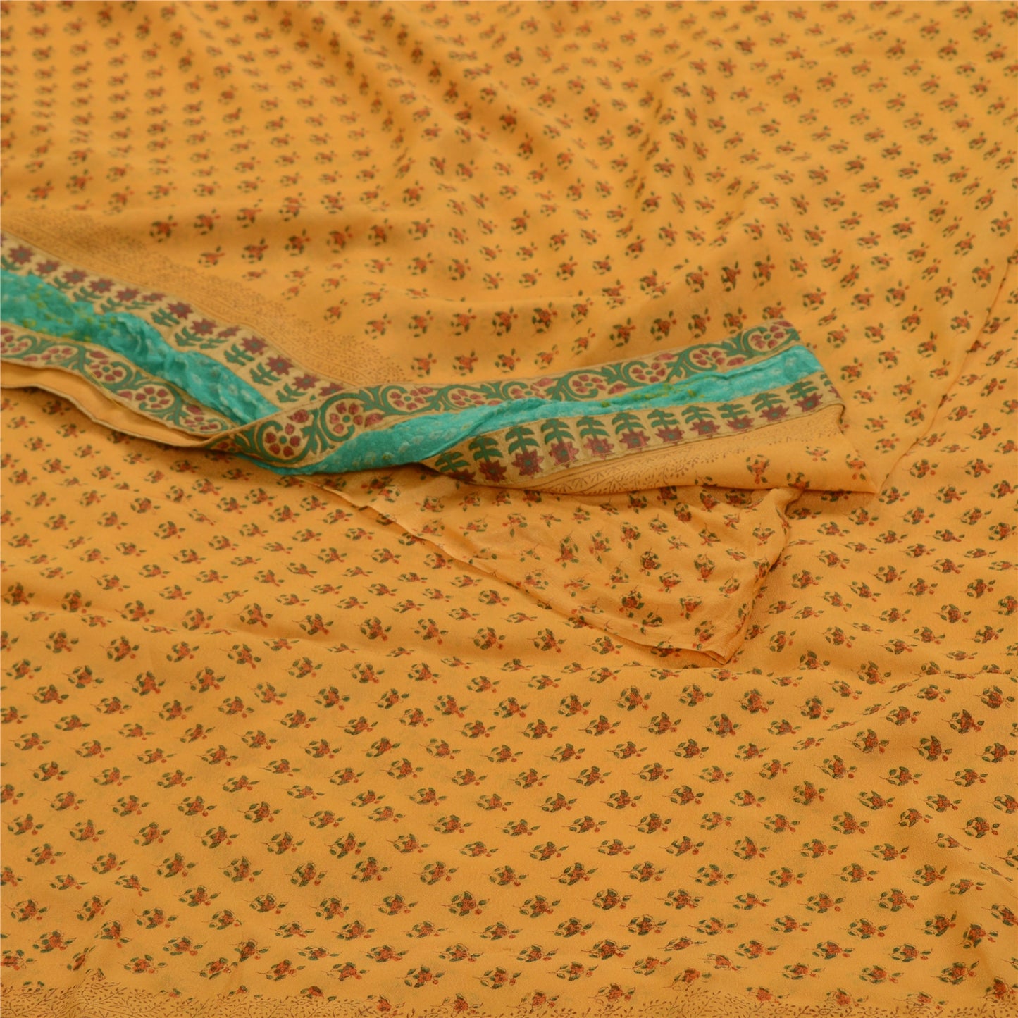 Sanskriti Vintage Sarees Yellow Blend Georgette Printed Sari 5yd Craft Sustainable Fabric