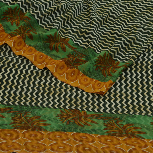 Sanskriti Vintage Sarees Indian Green Georgette Printed Sari 5yd Craft Sustainable Fabric