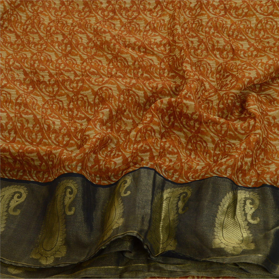 Sanskriti Vintage Sarees Mustard-Black Pure Chiffon Printed Zari Sari 5yd Fabric