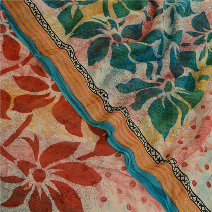 Sanskriti Vintage Sarees Ivory Pure Georgette Silk Printed Sari 5yd Craft Sustainable Fabric