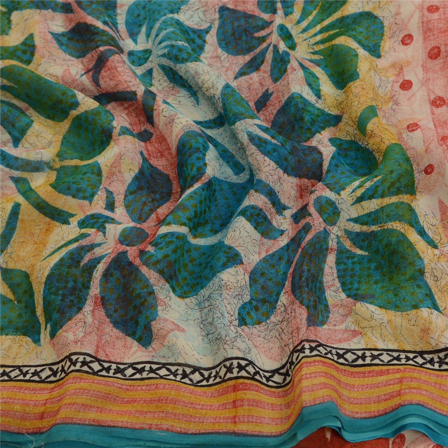 Sanskriti Vintage Sarees Ivory Pure Georgette Silk Printed Sari 5yd Craft Sustainable Fabric