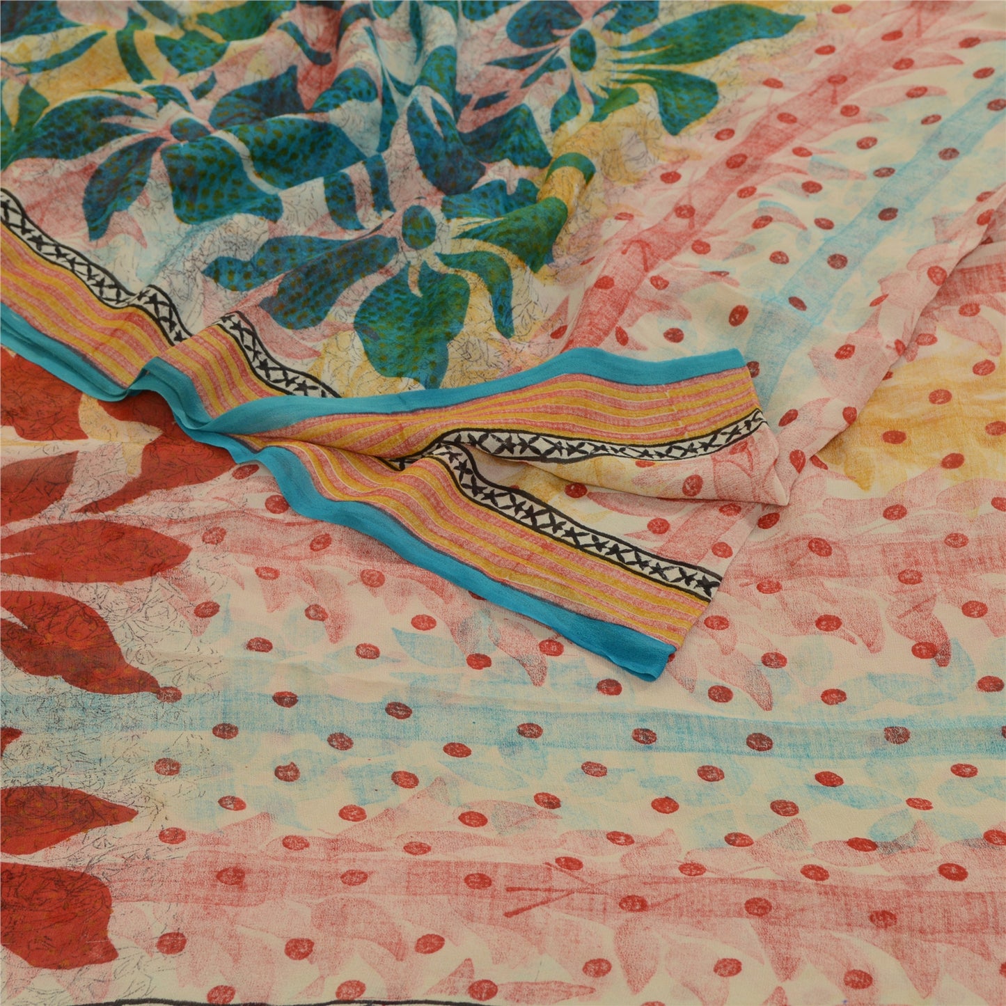 Sanskriti Vintage Sarees Ivory Pure Georgette Silk Printed Sari 5yd Craft Sustainable Fabric