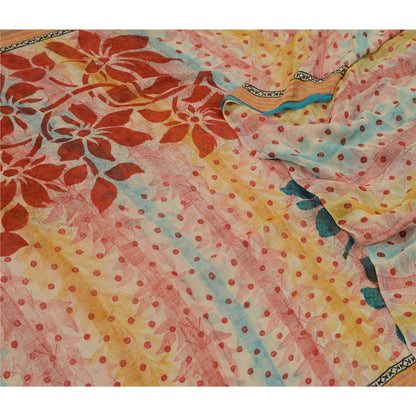 Sanskriti Vintage Sarees Ivory Pure Georgette Silk Printed Sari 5yd Craft Sustainable Fabric