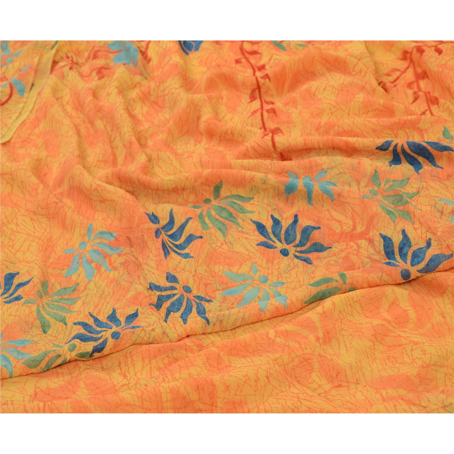 Sanskriti Vintage Sarees Yellow Pure Georgette Silk Printed Sari Craft Sustainable Fabric