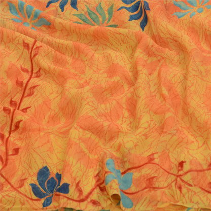 Sanskriti Vintage Sarees Yellow Pure Georgette Silk Printed Sari Craft Sustainable Fabric