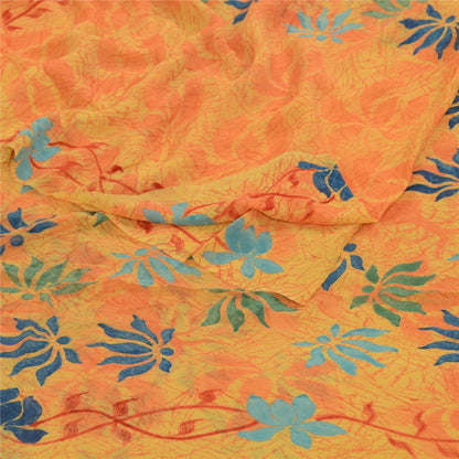 Sanskriti Vintage Sarees Yellow Pure Georgette Silk Printed Sari Craft Sustainable Fabric