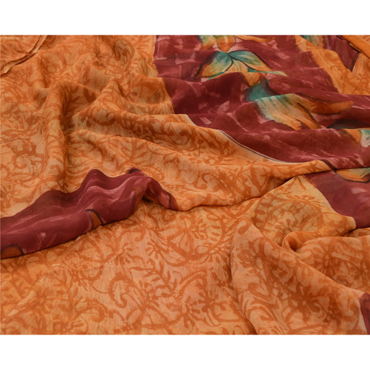 Sanskriti Vintage Sarees Safran &amp; Rød Ren Georgette Silke Trykt Sari Bæredygtigt Stof