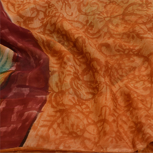 Sanskriti Vintage Sarees Safran &amp; Rød Ren Georgette Silke Trykt Sari Bæredygtigt Stof