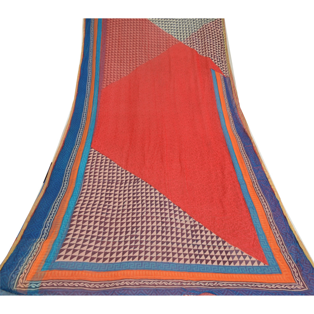 Sanskriti Vintage Sarees Red Blend Chiffon Zari Border Printed Sari Craft Fabric