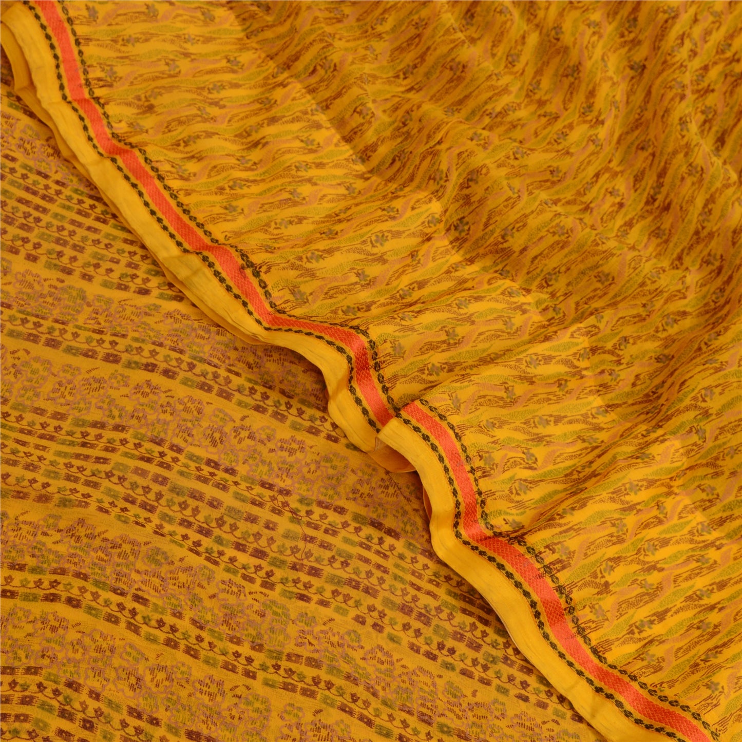 Sanskriti Vintage Sarees Yellow Pure Chiffon Silk Printed Sari 5yd Craft Sustainable Fabric