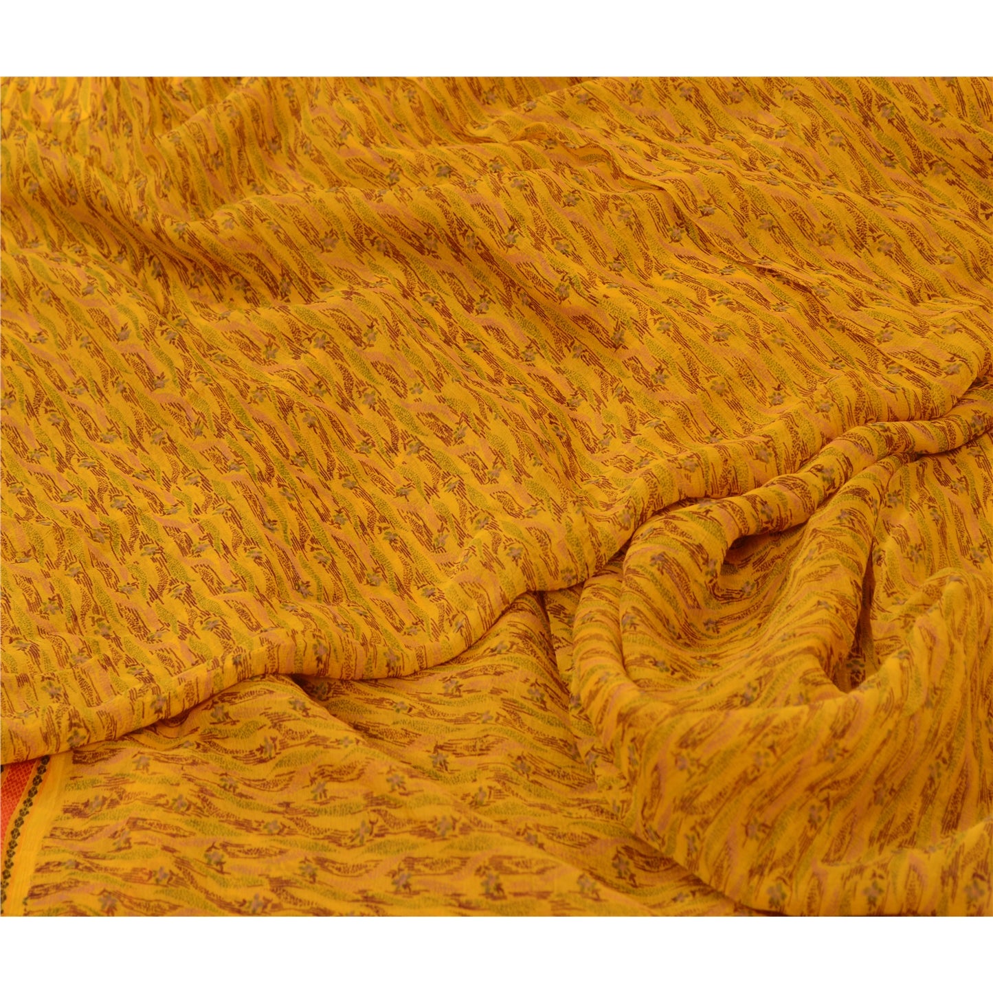 Sanskriti Vintage Sarees Yellow Pure Chiffon Silk Printed Sari 5yd Craft Sustainable Fabric