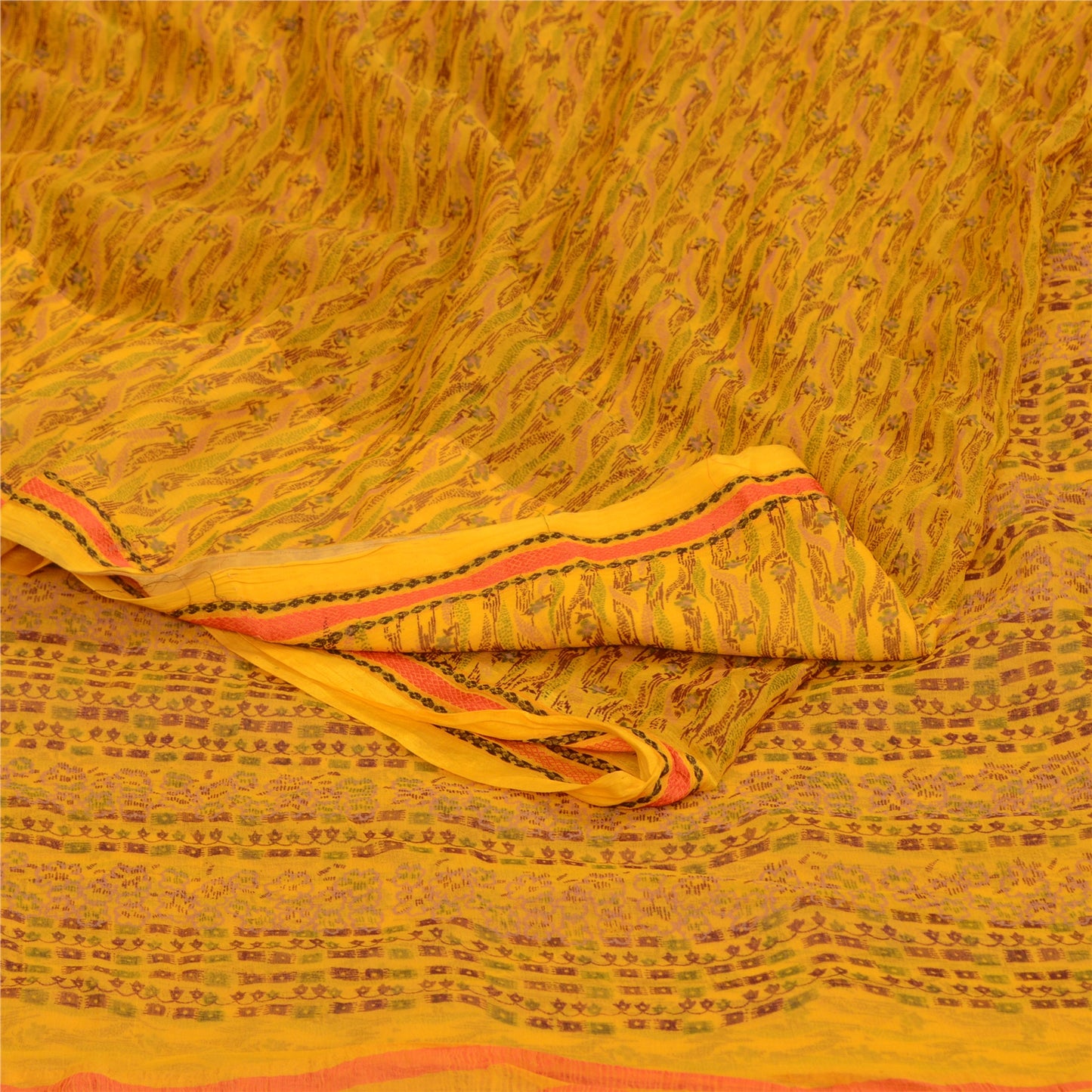 Sanskriti Vintage Sarees Yellow Pure Chiffon Silk Printed Sari 5yd Craft Sustainable Fabric