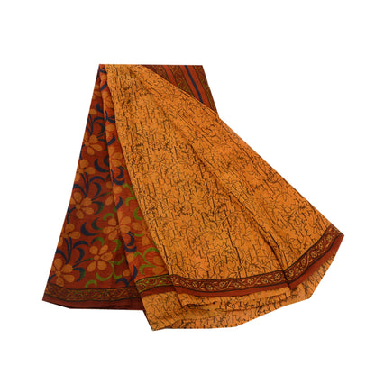 Sanskriti Vintage Sarees Yellow & Red Pure Georgette Silk Printed Sari Sustainable Fabric
