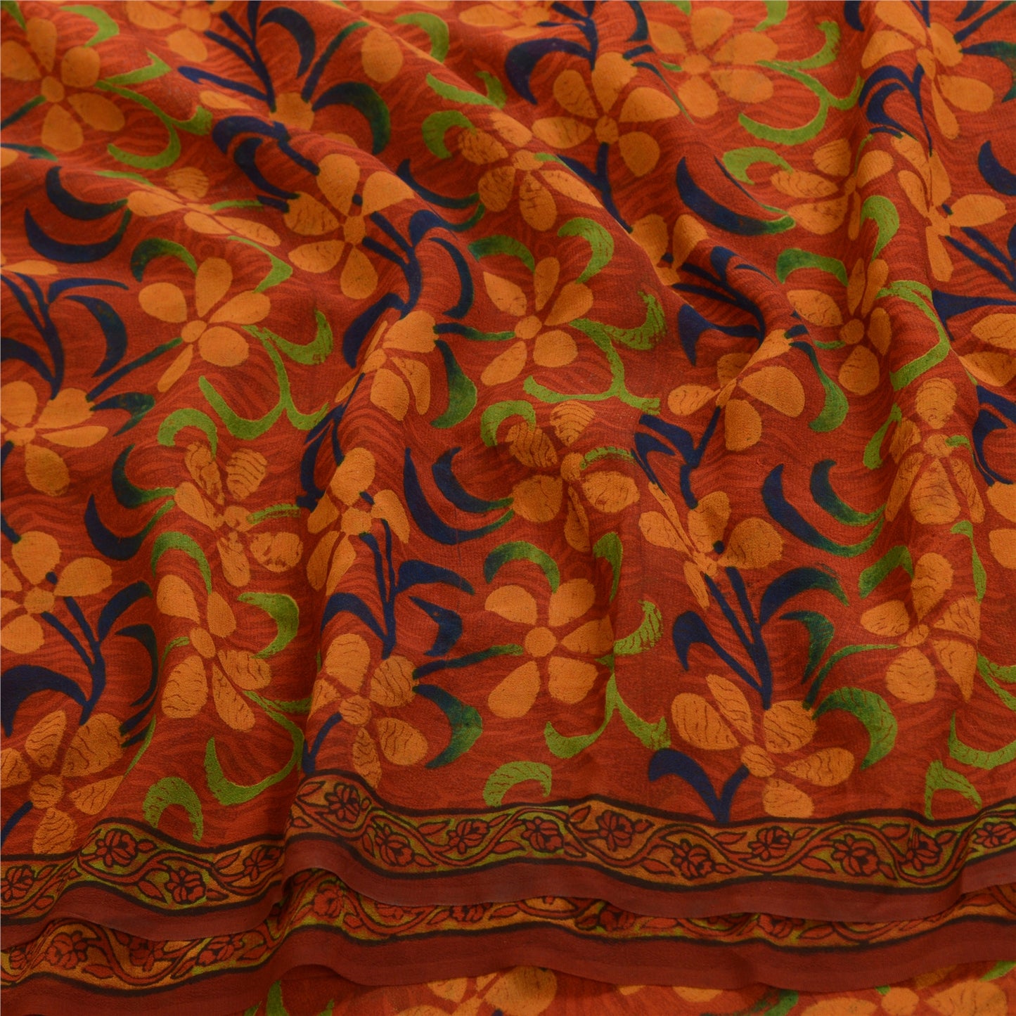 Sanskriti Vintage Sarees Yellow & Red Pure Georgette Silk Printed Sari Sustainable Fabric