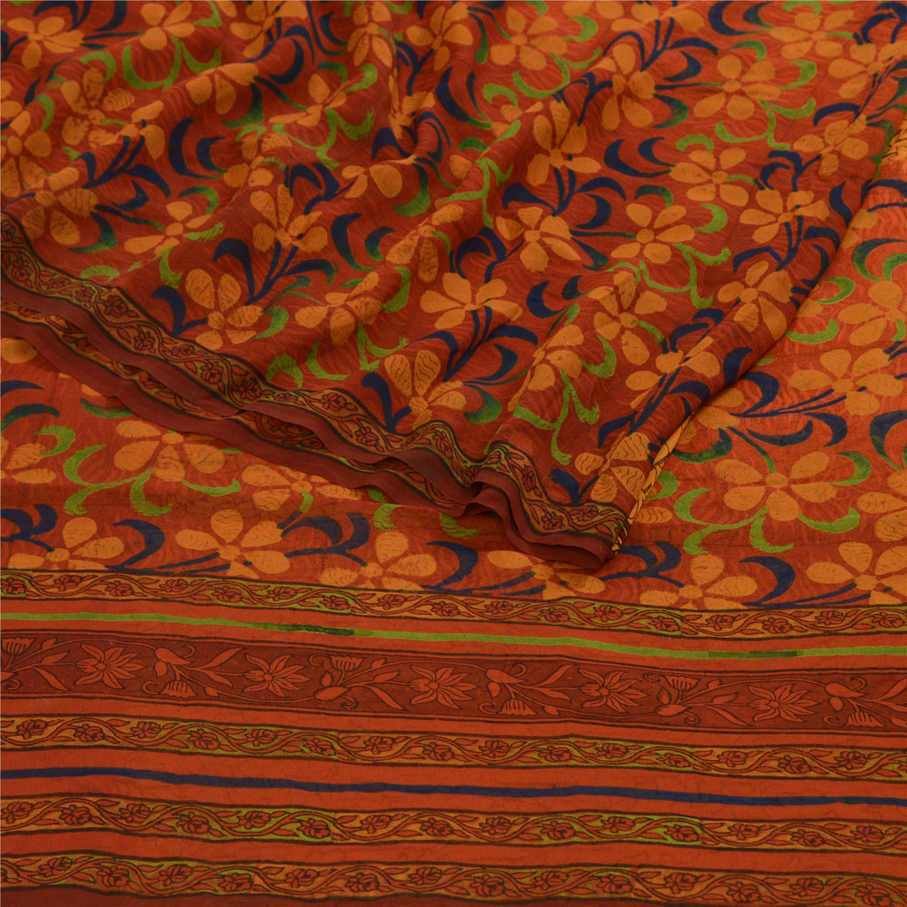 Sanskriti Vintage Sarees Yellow & Red Pure Georgette Silk Printed Sari Sustainable Fabric