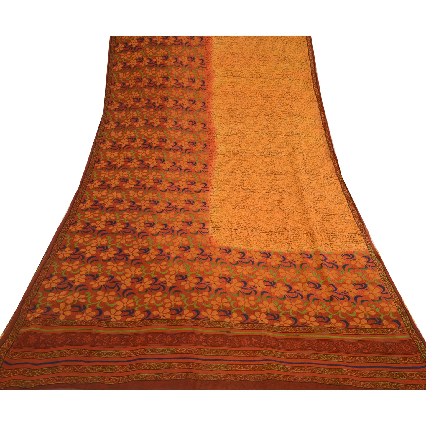 Sanskriti Vintage Sarees Yellow & Red Pure Georgette Silk Printed Sari Sustainable Fabric