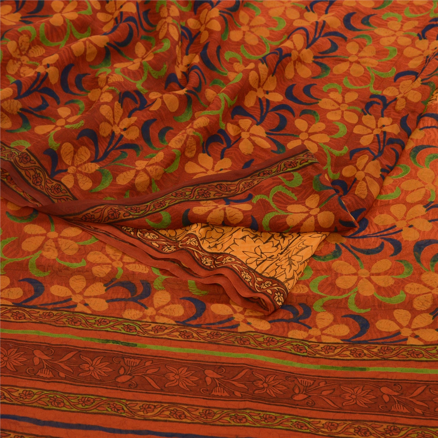 Sanskriti Vintage Sarees Yellow & Red Pure Georgette Silk Printed Sari Sustainable Fabric