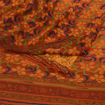 Sanskriti Vintage Sarees Yellow & Red Pure Georgette Silk Printed Sari Sustainable Fabric