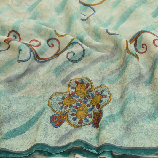 Sanskriti Vintage Ivory/Green Sarees Pure Georgette Printed Sari Craft Sustainable Fabric