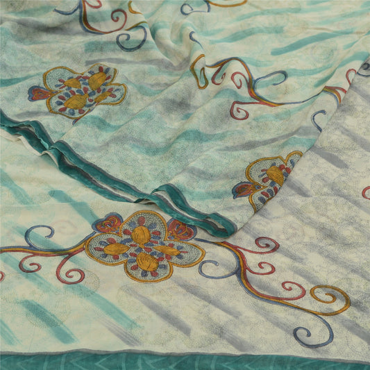 Sanskriti Vintage Ivory/Green Sarees Pure Georgette Printed Sari Craft Sustainable Fabric