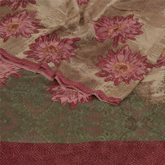 Sanskriti Vintage Brown/Green Sarees Pure Georgette Silk Print Sari Craft Sustainable Fabric