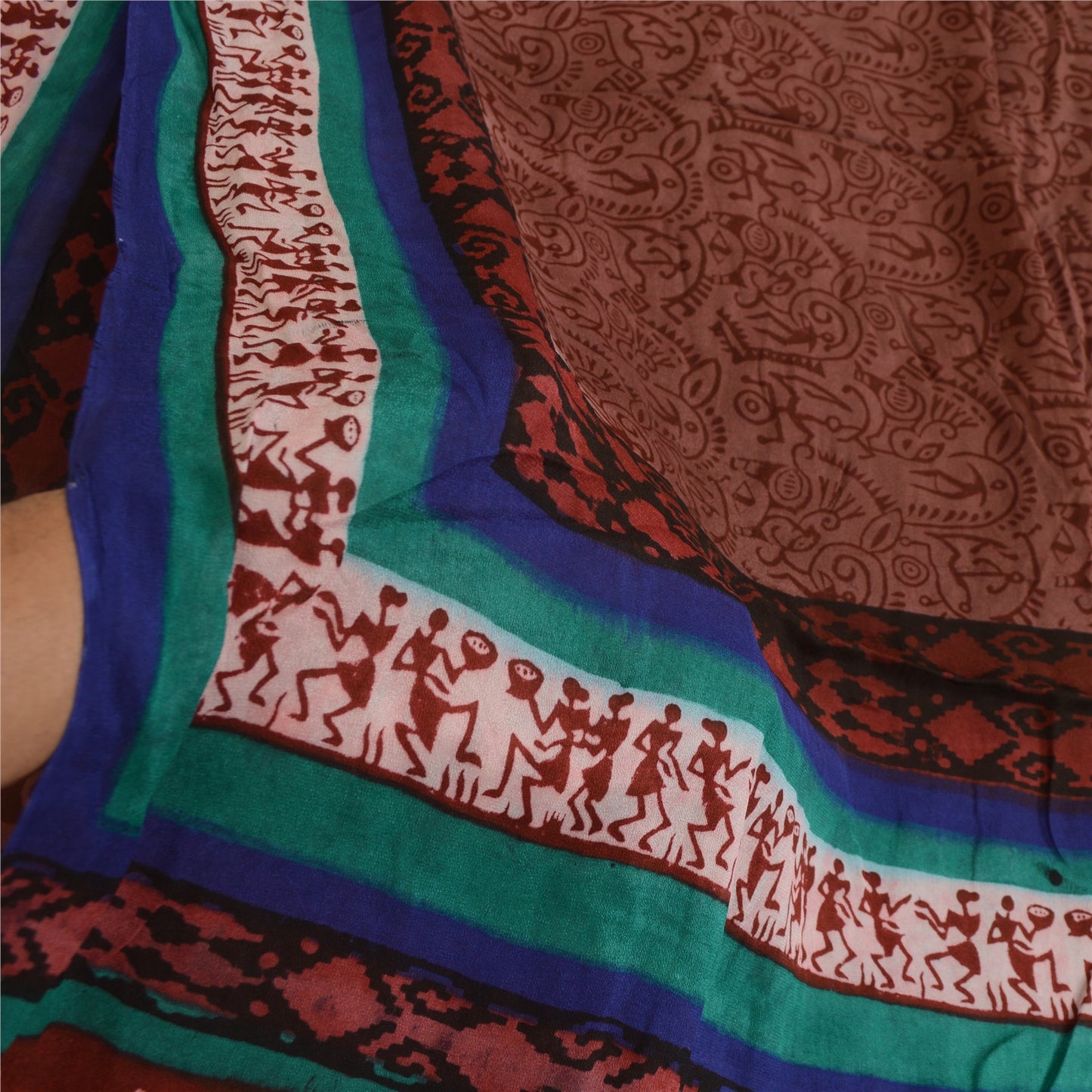 Sanskriti Vintage Sarees Ren Georgette Silke Warli Trykt Sari Håndværk Bæredygtigt Stoff