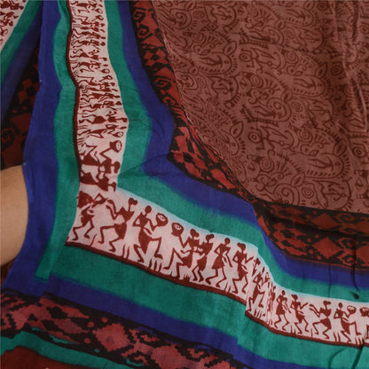 Sanskriti Vintage Sarees Ren Georgette Silke Warli Trykt Sari Håndværk Bæredygtigt Stoff