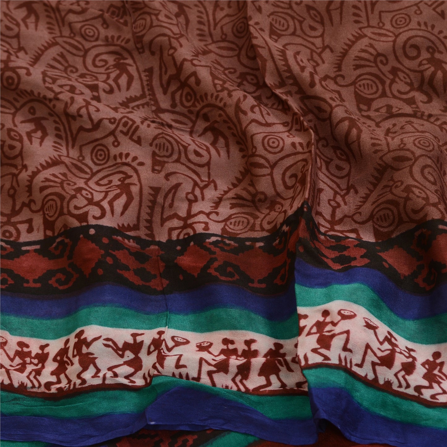 Sanskriti Vintage Sarees Ren Georgette Silke Warli Trykt Sari Håndværk Bæredygtigt Stoff