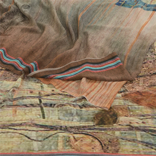 Sanskriti Vintage Georgette Brown Digital Printed Sarees 5 Yd Decor Craft Fabric Recycled For Quilting Felting, Home Decor