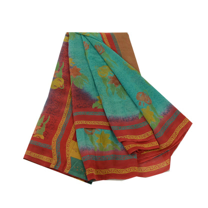 Sanskriti Vintage Sarees Indian Blue Pure Georgette Silk Print Sari Craft Sustainable Fabric