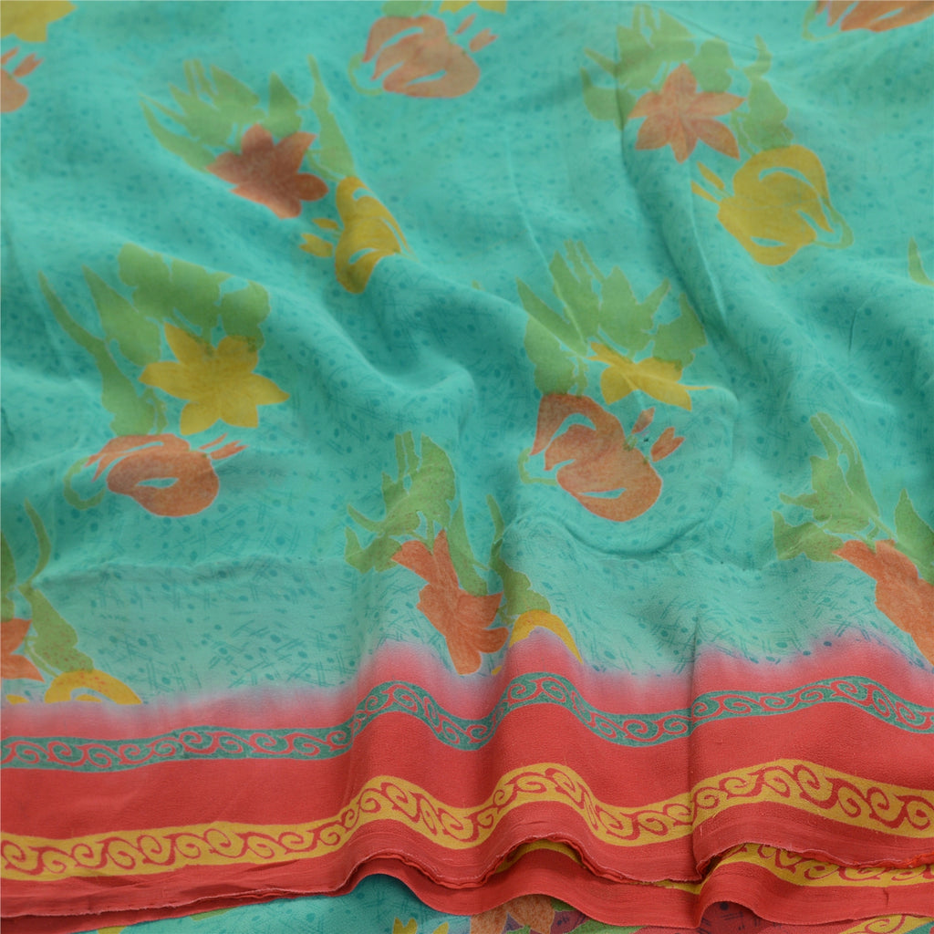 Sanskriti Vintage Sarees Indian Blue Pure Georgette Silk Print Sari Craft Sustainable Fabric