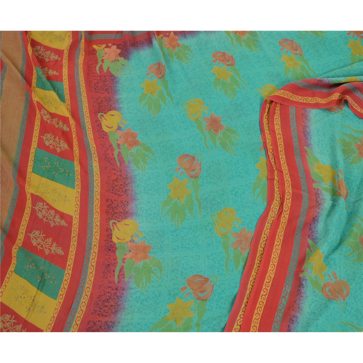 Sanskriti Vintage Sarees Indian Blue Pure Georgette Silk Print Sari Craft Sustainable Fabric