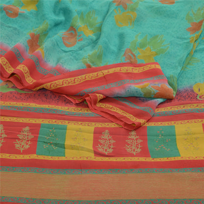 Sanskriti Vintage Sarees Indian Blue Pure Georgette Silk Print Sari Craft Sustainable Fabric