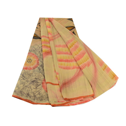 Sanskriti Vintage Sarees Beige 100% Pure Georgette Silk Print Sari Craft Sustainable Fabric