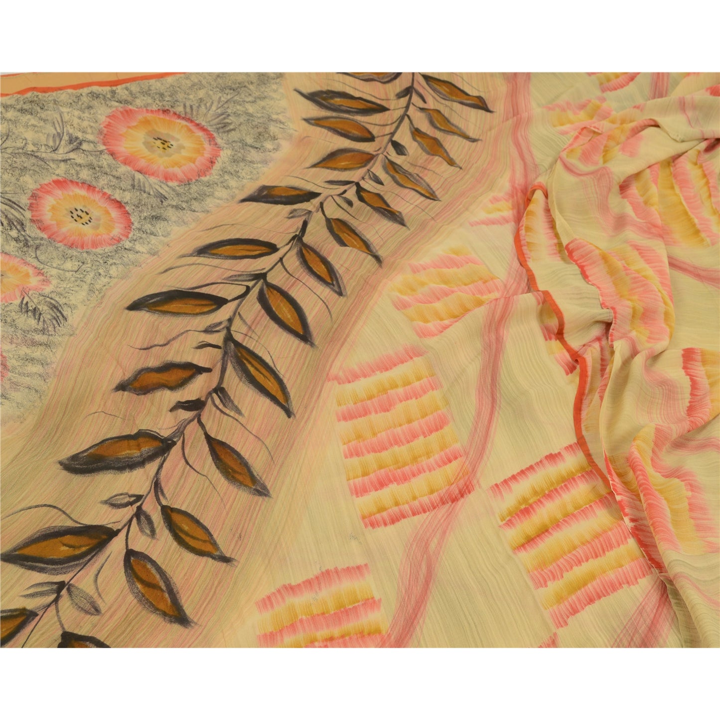 Sanskriti Vintage Sarees Beige 100% Pure Georgette Silk Print Sari Craft Sustainable Fabric