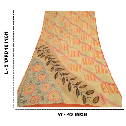 Sanskriti Vintage Sarees Beige 100% Pure Georgette Silk Print Sari Craft Sustainable Fabric