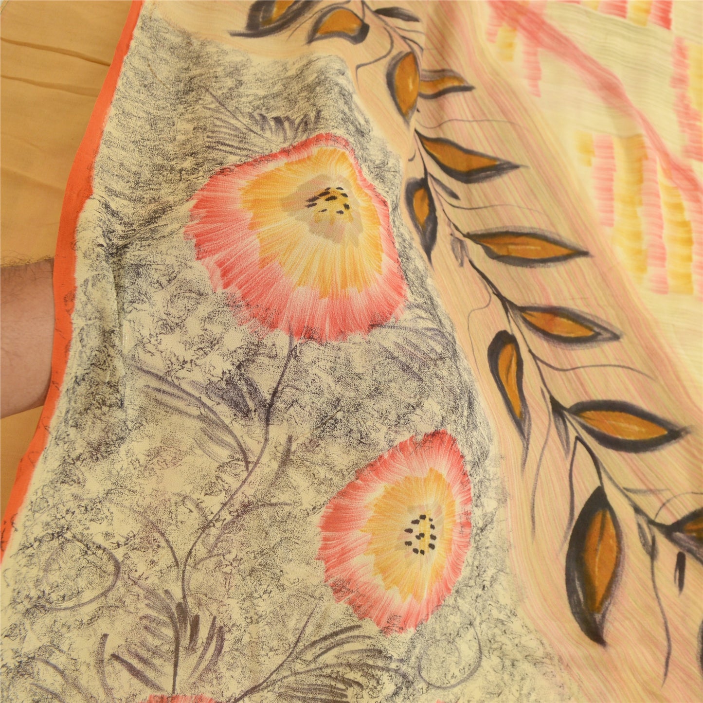 Sanskriti Vintage Sarees Beige 100% Pure Georgette Silk Print Sari Craft Sustainable Fabric