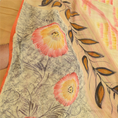 Sanskriti Vintage Sarees Beige 100% Pure Georgette Silk Print Sari Craft Sustainable Fabric