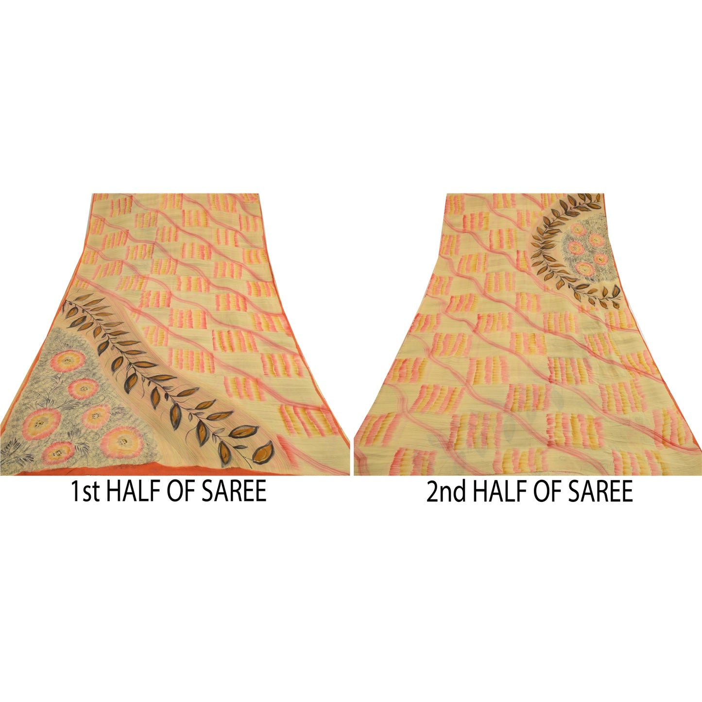 Sanskriti Vintage Sarees Beige 100% Pure Georgette Silk Print Sari Craft Sustainable Fabric