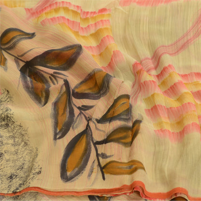 Sanskriti Vintage Sarees Beige 100% Pure Georgette Silk Print Sari Craft Sustainable Fabric