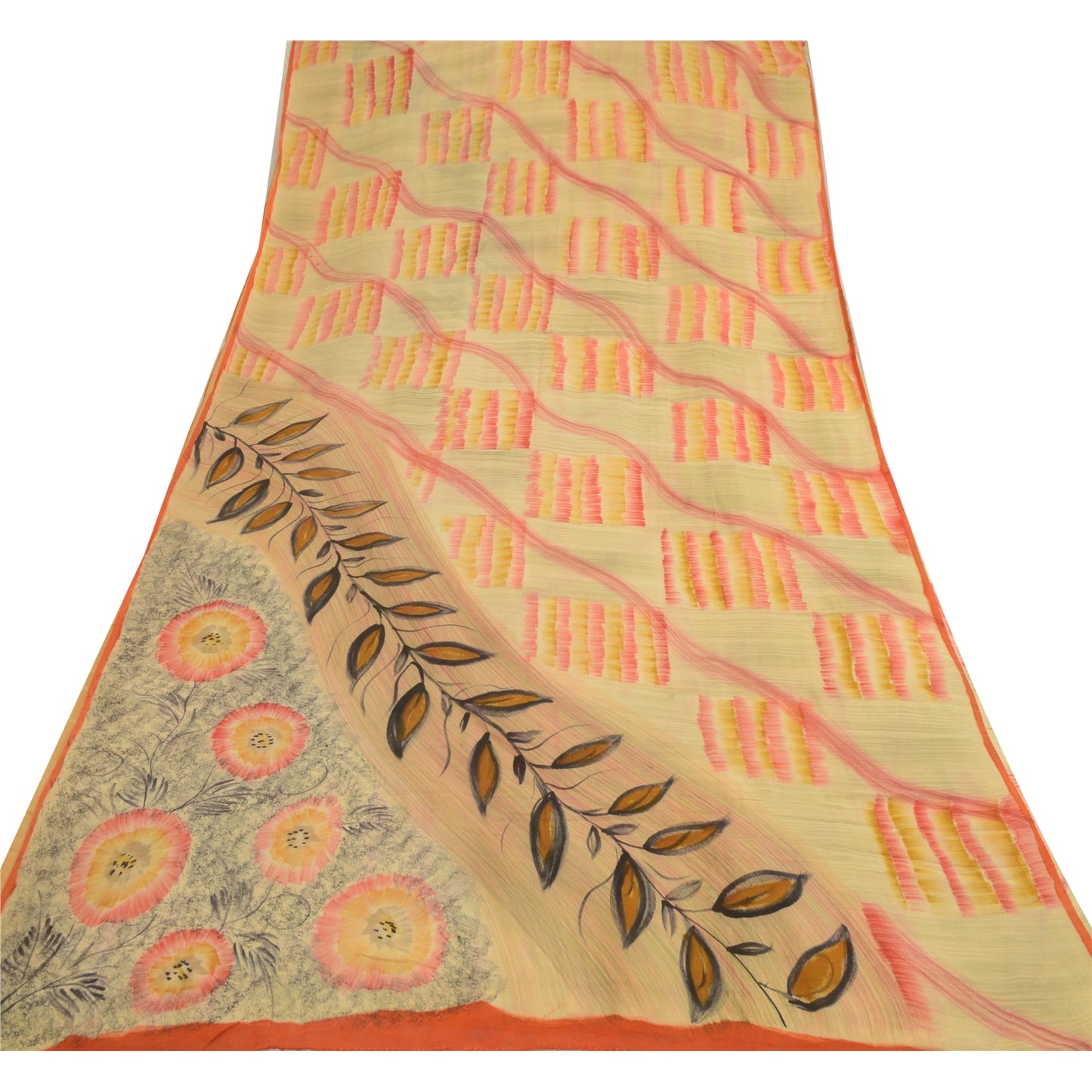 Sanskriti Vintage Sarees Beige 100% Pure Georgette Silk Print Sari Craft Sustainable Fabric