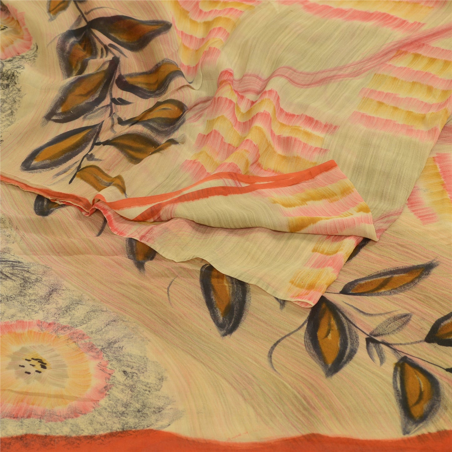 Sanskriti Vintage Sarees Beige 100% Pure Georgette Silk Print Sari Craft Sustainable Fabric