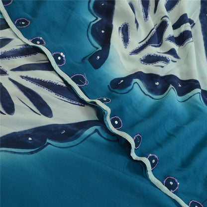 Sanskriti Vintage Sarees Blue Hand Beaded Pure Georgette Silk Sari Craft Sustainable Fabric