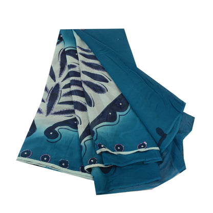 Sanskriti Vintage Sarees Blue Hand Beaded Pure Georgette Silk Sari Craft Sustainable Fabric