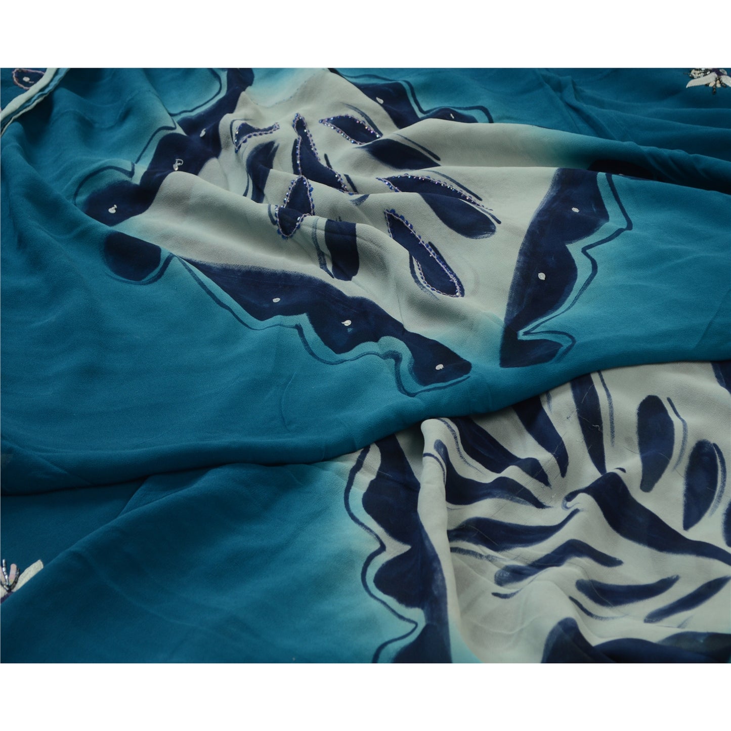 Sanskriti Vintage Sarees Blue Hand Beaded Pure Georgette Silk Sari Craft Sustainable Fabric