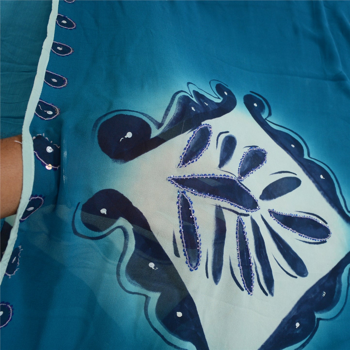 Sanskriti Vintage Sarees Blue Hand Beaded Pure Georgette Silk Sari Craft Sustainable Fabric