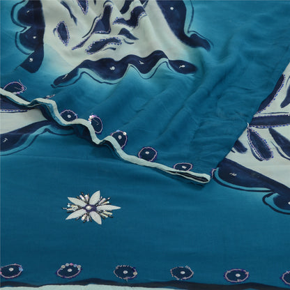 Sanskriti Vintage Sarees Blue Hand Beaded Pure Georgette Silk Sari Craft Sustainable Fabric