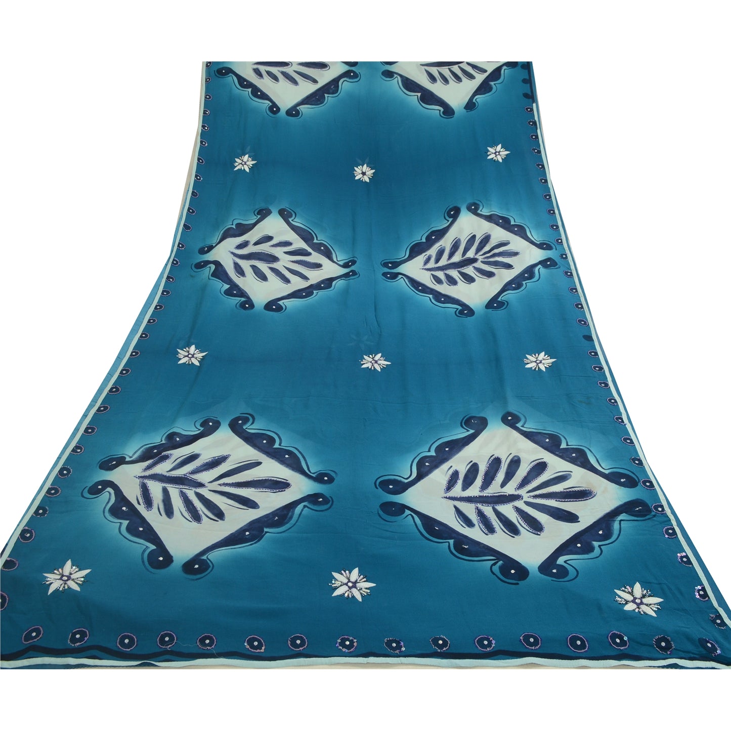 Sanskriti Vintage Sarees Blue Hand Beaded Pure Georgette Silk Sari Craft Sustainable Fabric