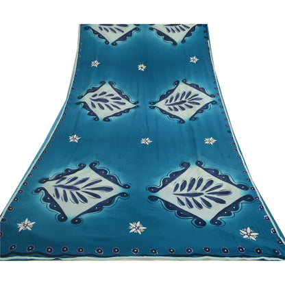 Sanskriti Vintage Sarees Blue Hand Beaded Pure Georgette Silk Sari Craft Sustainable Fabric